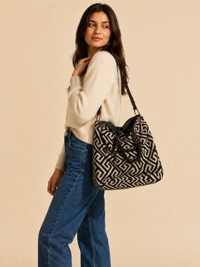 Black & Cream Geometric Canvas Shoulder Bag w/ Gold Hardware